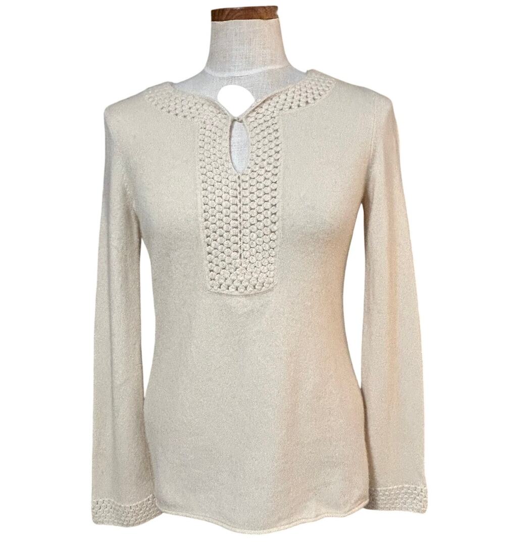 Lilly Pulitzer 100% Cashmere Cream Honeycomb Knit Pullover Sweater XS Keyhole